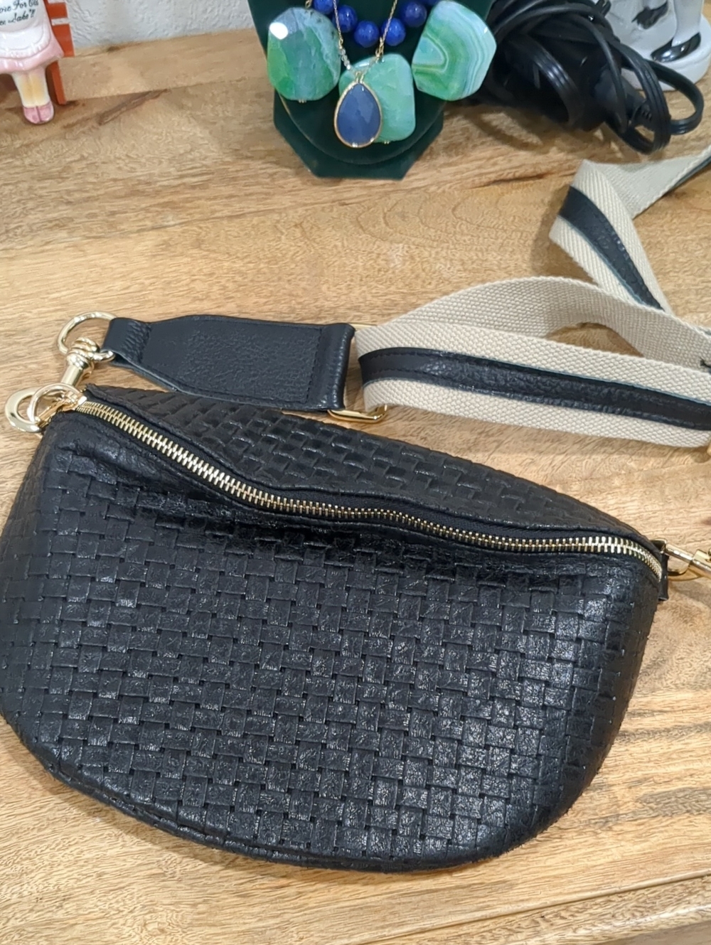 Genuine Leather Italian Black Woven Crossbody Belt Bag - Women